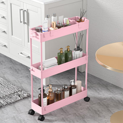 SPACELEAD Slim Storage Cart 3 Tier,Bathroom Organizer Rolling Utility,Mobile Shelving Unit Slide Out for Office, Kitchen, Laundry Room & Narrow Places,Pink