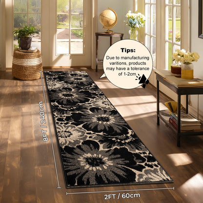Findosom Hallway Runner Rug 2x8, Non Slip High-Low Textured Floral Washable Runner Rug with Rubber Backing, Boho Carpet Runner for Kitchen, Entryway, Bedroom, Laundry, Black & Beige