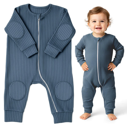 NurtureNauts® Crawling Baby Romper with Built-in Knee & Elbow Pads - 100% Cotton, 2-Way Zipper, Tagless for Active Babies (Pastel Blue, 18-24 Months)