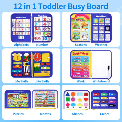 Toddler Busy Board, Montessori Busy Book for Toddlers, 12-Page Quiet Educational Activity Book for Motor Skills, Learning Sensory Travel Toys for Car Airplane, Birthday Gifts for Boy Girl Kids (Blue)