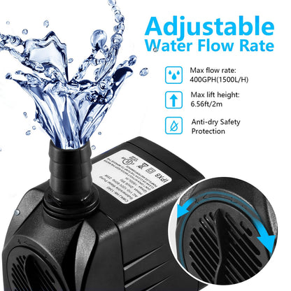 CWKJ Fountain Pump, 400GPH(25W 1500L/H) Submersible Water Durable Outdoor Pump with 6.5ft Tubing (ID x 1/2-Inch), 3 Nozzles for Aquarium, Pond, Fish Tank, Hydroponics