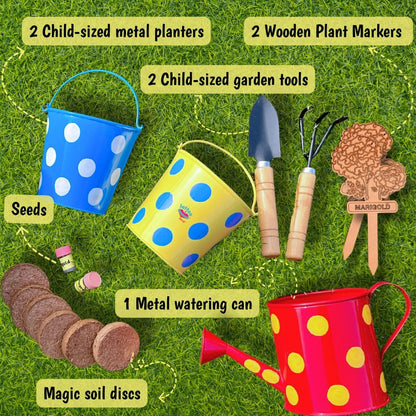 Lattooland Little Gardener's Kit | Complete Gardening Kit for Children 3-8 Year Old| Gardening Tools, Metal planters, Metal Watering can, Soil, Seeds, | Flower Grow Set | Birthday Gift Multicolor