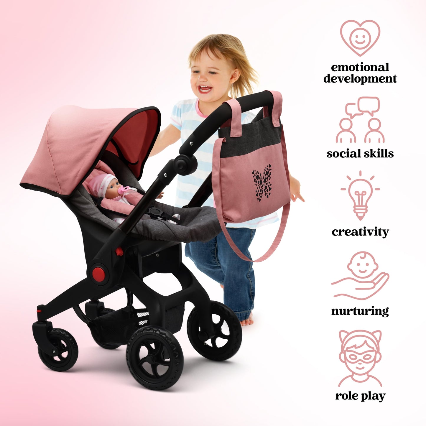 Baby Doll Convertible Travel Stroller for Girls Toddler Play Toy Car Seat Two in One Foldable Carriage for Kids with Diaper Bag Pretend Play Stroller for Doll