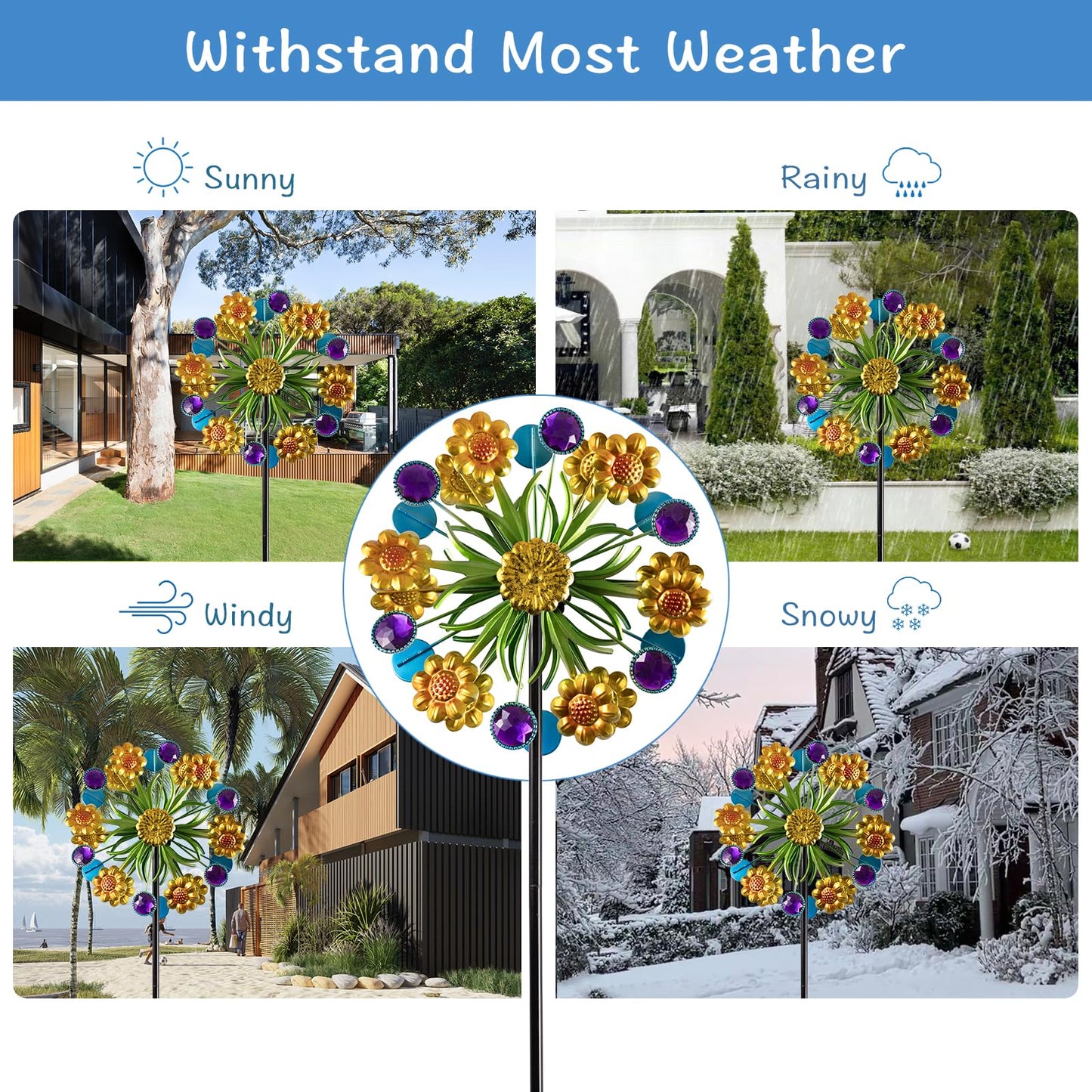 Wind Spinner, Metal Yellow florets and Purple Jewelry 44.25 inch Outdoor Metal Wind Spinners for Patio,Lawn,Garden,Creative Gifts for Women, Double Windmill with Stable Stake