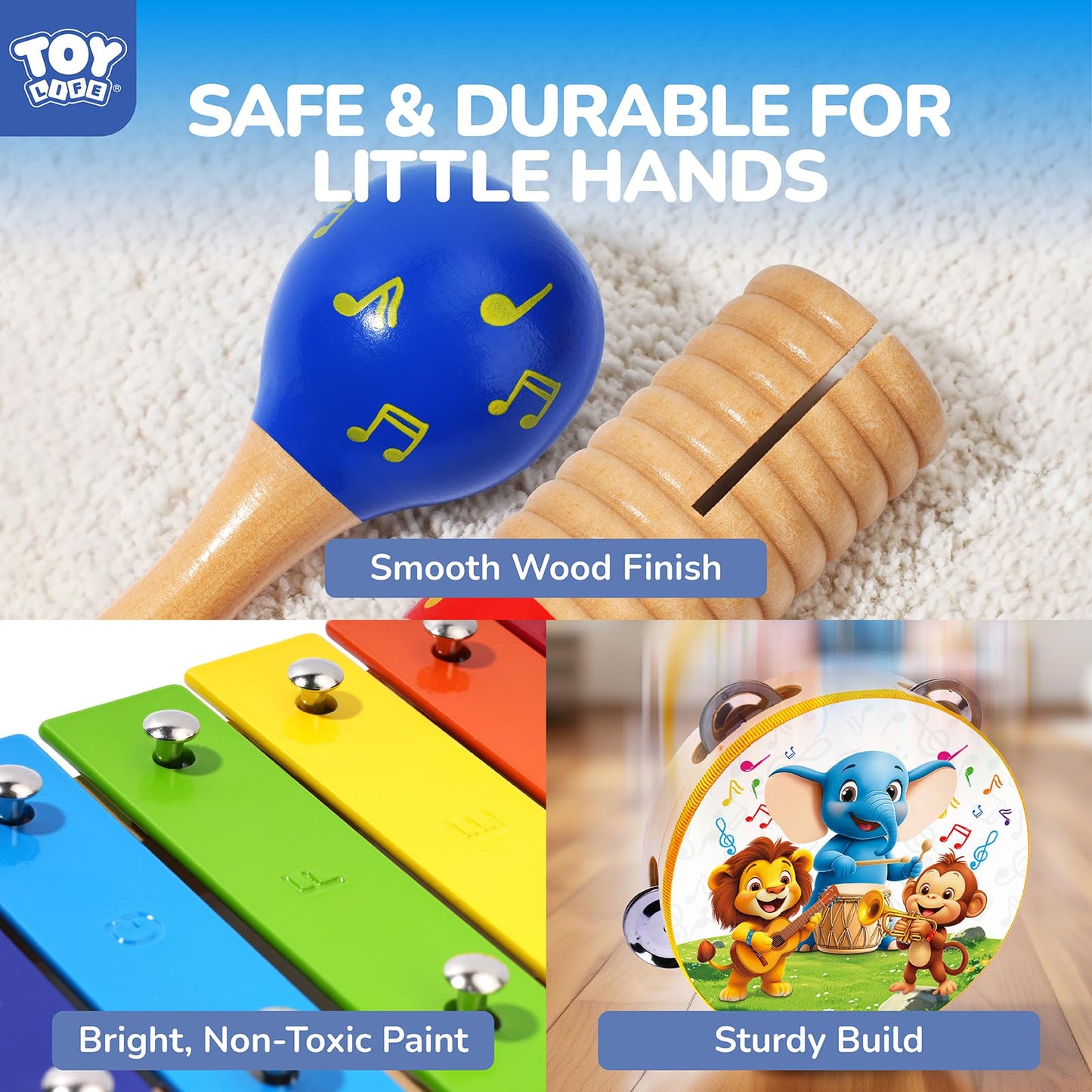 TOY Life Toddler Musical Instruments for Kids, Baby Musical Toys for Toddlers 1-3, Montessori Wooden Toys Percussion Instruments Set with Tambourine Xylophone Maracas for Kids Preschool Education