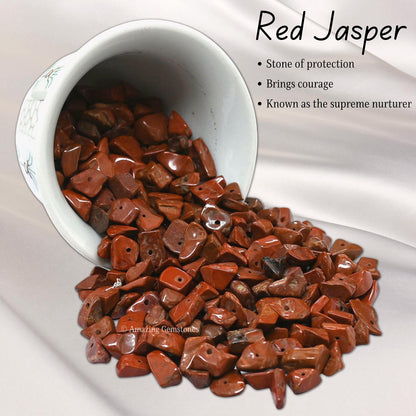 Red Jasper Pre Drilled Natural Crystals Crushed Chips Beads for Jewelry Making, DIY Handmade Healing Crystals (25 Inch Strand)