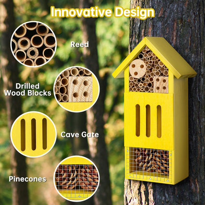 Bee House Bug Hotel & Butterfly House, Handcrafted Wooden Ladybug House, Natural Insect Habitat for Garden, Patio, or Yard, Durable Pine Wood, Attracts Pollinators, 10.4 x 5.5 x 3.2 Inches
