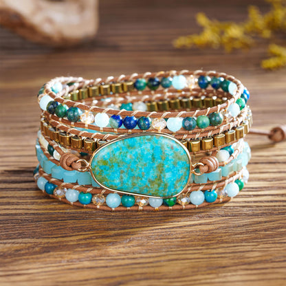 Plumiss Boho Chrysocolla Wrap Bracelet for Women Men, Handmade Leather Beaded Bracelet with Natural Stone Crystals, Bohemian Gemstone Statement Bracelet Adjustable Boho Jewelry Gift