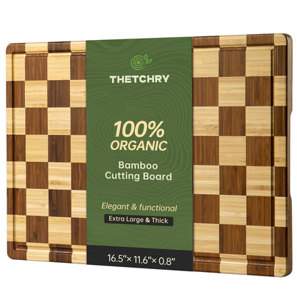 THETCHRY Bamboo Cutting Boards for Kitchen, Checkered Wooden Cutting Board with Juice Groove, Non Slip, Non Toxic Serving Tray, Thick Large Chopping Board Gift for Home Chef, 16.5” x 11.6” x 0.8”