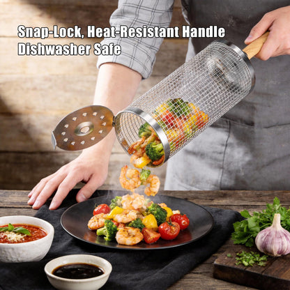 Rolling Grill Basket with Removable Wooden Handle, 2 Pack 304 Stainless Steel BBQ Grilling Net for Vegetables Shrimp Fish, Portable Camping Grill Accessories, Best Gifts for Dad Men