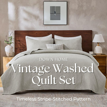 DOWN HOME Queen Quilt Bedding Set with Shams, Vintage Washed Soft Quilted Blanket Thin Comforter Lightweight Bedspread Coverlet Bed Cover, Brushed Microfiber Stripe Stitching, Light Gray, 86"x90"