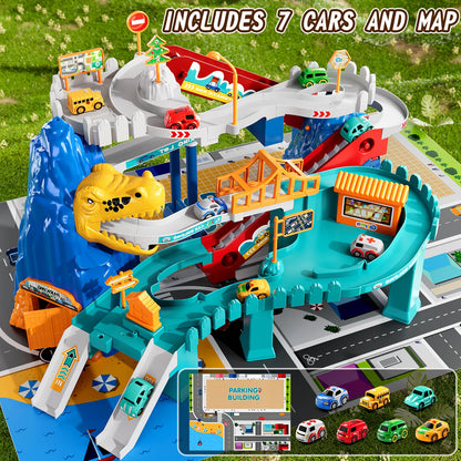 MSKOLER Dinosaur Race Car Tracks for Toddlers 2-4 Years, Dinosaur Climbing Hills Railcar, Toy Car Track Play Set with 7 Small Race Cars, Preschool Birthday Gifts for 3 4 5 6 7 8 Year Old Boys Girls