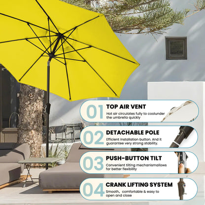 GREFORG 9FT Large Outdoor Patio Umbrella Pool Market Umbrella-UV Resistant, Easy Push Button Tilt and Crank, 8 Sturdy Ribs Heavy-Duty Table Umbrella for Deck, Backyard, Garden(Yellow)