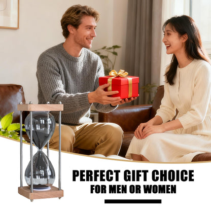 Large 60 Minute Hourglass, with Transparent Glass & Natural Oak Wood Base, Modern Minimalist Office Home Desktop Decor (Black)