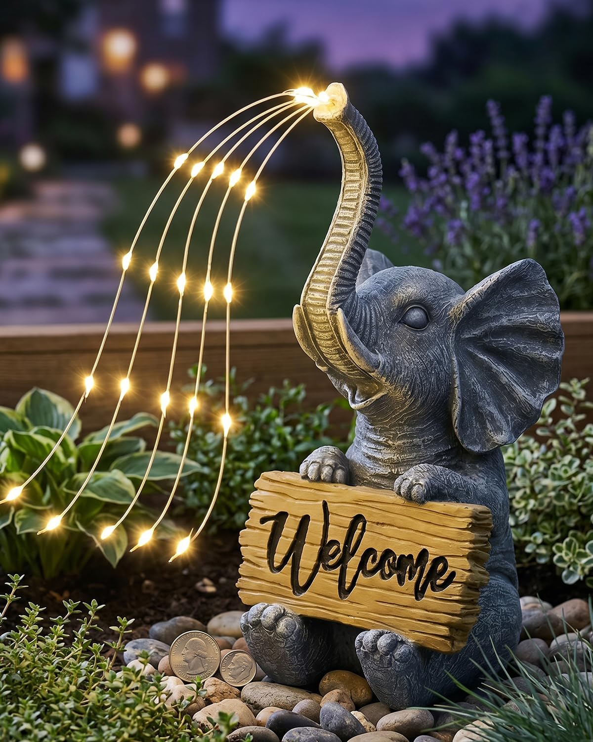 KVR Solar Elephant Statue with Welcome Sign, Outdoor Garden Decor with Warm White Steady-On String Lights, Waterproof Resin Figurine for Front Porch, Patio, Yard, Housewarming Gift