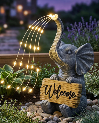 KVR Solar Elephant Statue with Welcome Sign, Outdoor Garden Decor with Warm White Steady-On String Lights, Waterproof Resin Figurine for Front Porch, Patio, Yard, Housewarming Gift