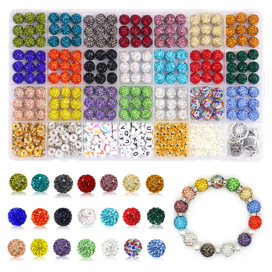 501 Pcs Rhinestone Bead Kit for Bracelet, 10mm Sparkle Clay Crystal Beads for Jewelry Making, 21 Colors Shiny Disco Ball Beads for Crafts Baseball Necklace Keychain Earrings DIY Decoration (Kit 1)