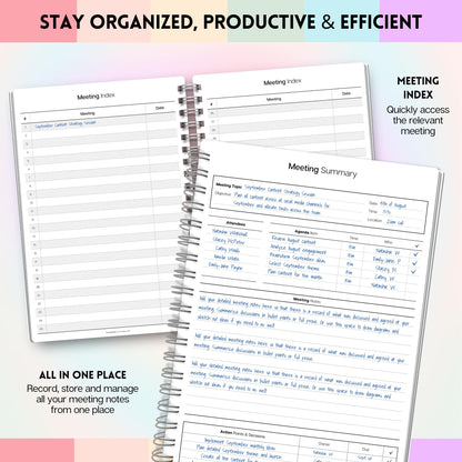 Meeting Minutes Note Taking Professional Notebook | Plan, Record and Track Actions from all your Important Meetings - A5 Pastel Rainbow