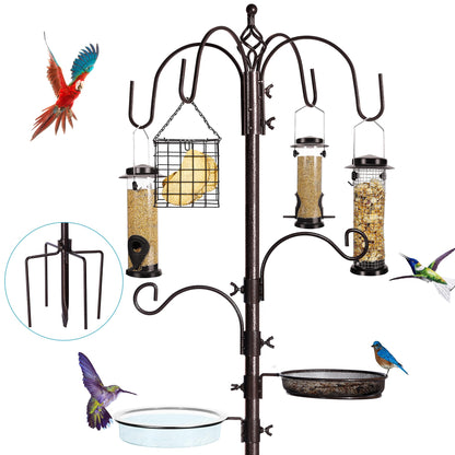 YINGYM 6-Hook Bird Feeding Station Kit, Wild Bird Feeder Stand Pole, Multi-Feeder Kit Stand with 4 Feeders, Bird Bath and Mesh Tray, 94 Inch