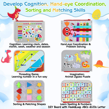 Esjay Toddler Busy Board Montessori Toys for Boys Girls, Sensory Book Educational Activities for Learning Fine Motor Skills, Birthday Gifts for Toddlers, Travel Toys for Airplane Car,Grey Dinosaur
