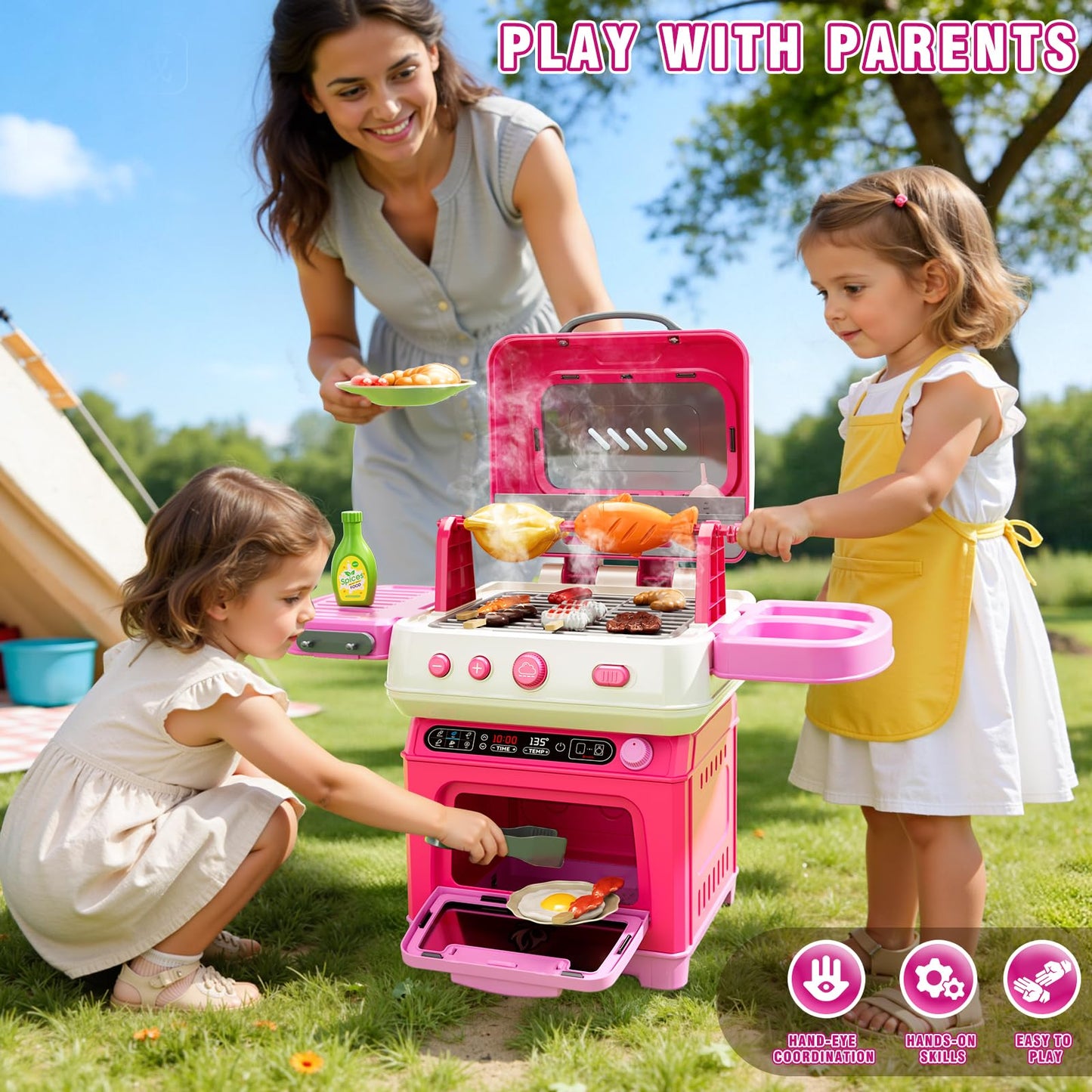 KIZONLY Kids BBQ Grill Playset Toy, 2-Layer Play Kitchen Toddlers Toys with Oven and Smoke, Cooking Toys for Kids Ages 4-8, Light and Sound, Barbecue Outdoor Grill Play Gift Toy for Toddler Girls 3-5