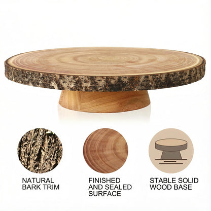 Relaxing Garden Customizable 12 Inch Rustic Wood Cake Stand Set with Bark Edge, Cake Knife & Server + Blank Wood Slice Topper — Cake Display for Weddings, Birthdays, Showers & Holiday Celebrations