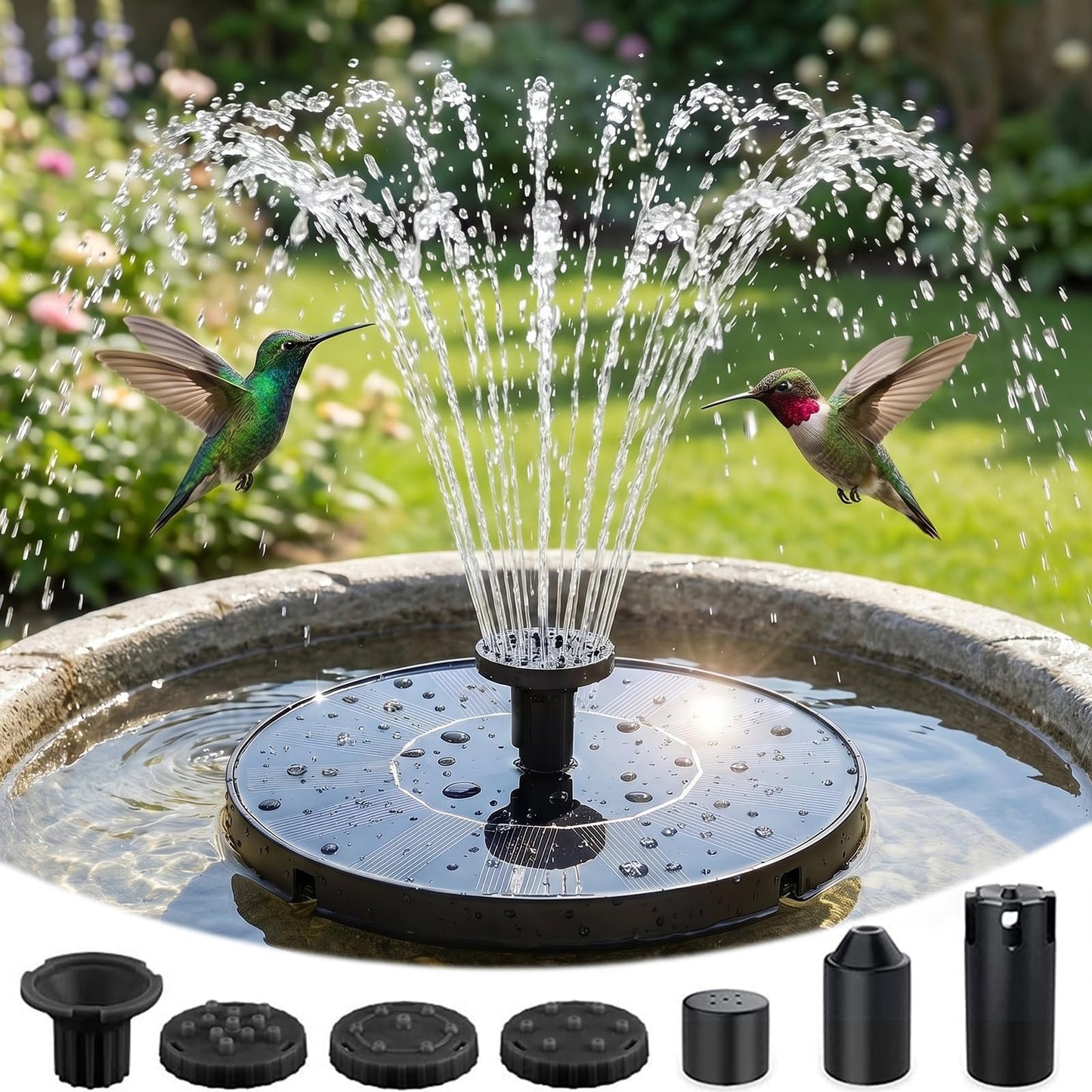 Olutula Solar Bird Bath Fountains, 2026 Upgraded 1.4W Solar Fountain Pump with 7 Nozzles, Free Standing Floating Solar Powered Water Pump Fountain for Bird Bath, Garden, Pond, Pool, Outdoor (6.3in)