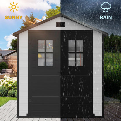 DWVO 6x4.4 FT Outdoor Storage Shed, Plastic Garden Tool Shed with 2 Windows, Double-Wall Outside Shed for Lawn Mower, Garden Tool for Backyard, Patio, Lawn, Lockable, Grey & Black