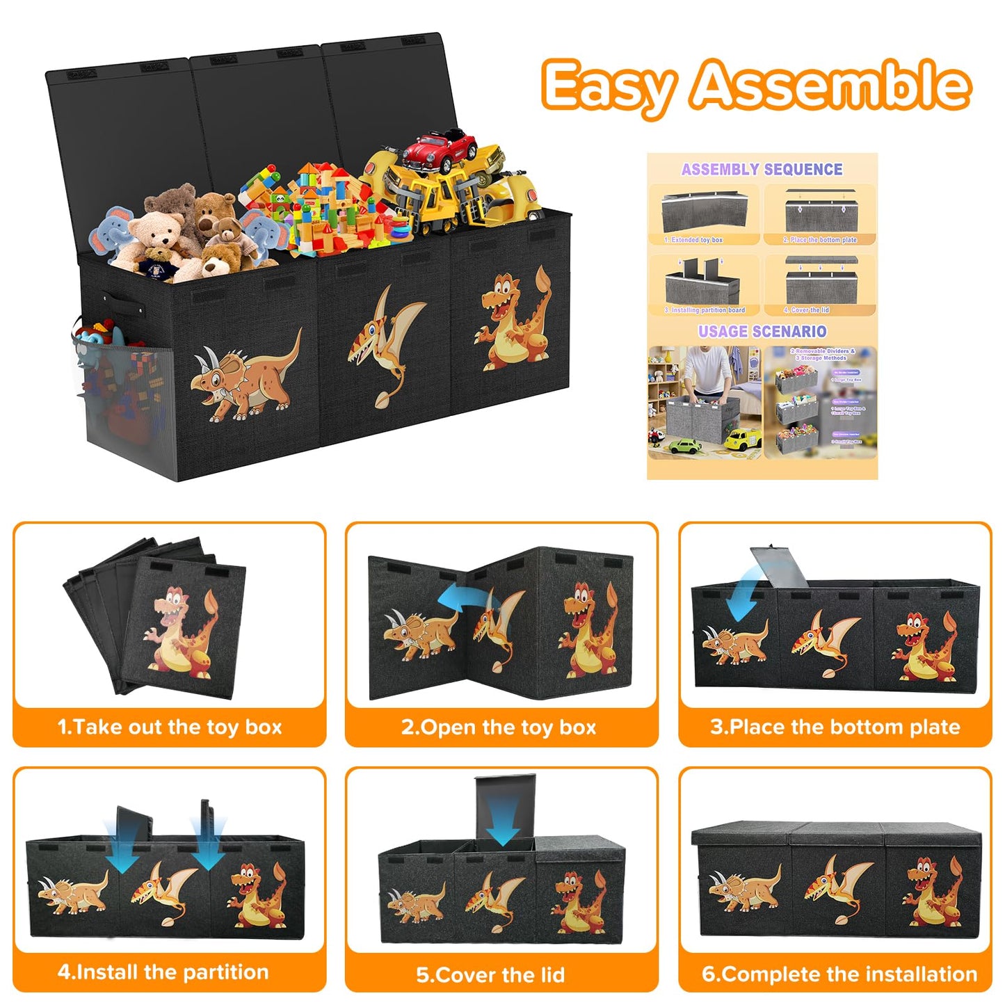 Extra Large Toy Box Chest, Collapsible Sturdy Toy Storage Organizer Boxes Bins Baskets Dinosaur Kids Toy Chest Bin with Lids for Boys Girls Living Room Playroom Bedroom Nursery 41"x14"x16" Black
