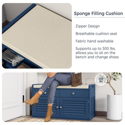 WARMHONIU Shoe Storage Bench with 2 Drawers, Entryway Bench with Cushion, Adjustable Shelves, Shoe Rack Bench with Louvered Doors for Entryway, Bedroom, Hallway, Blue