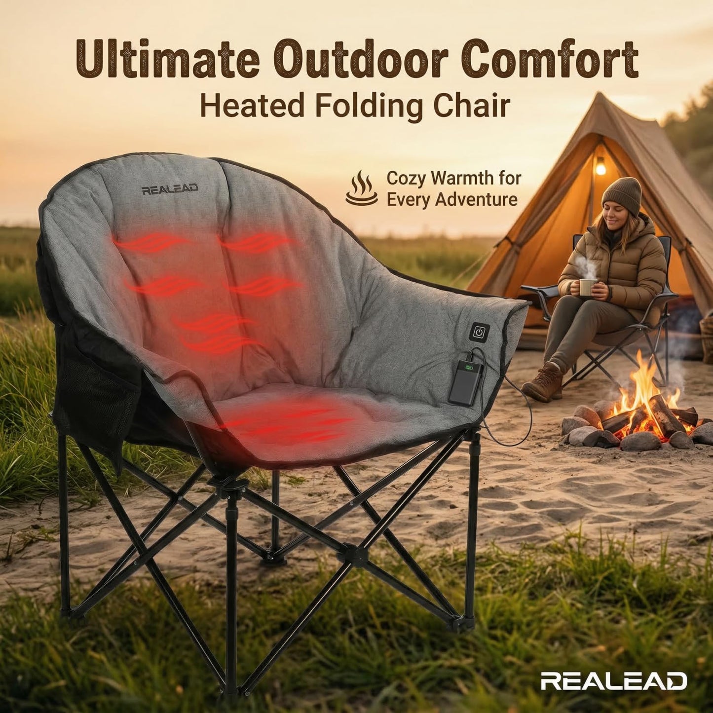 REALEAD Heated Camping Chair - Fully Thick Padded - Heated Chairs for Outdoor Sport with Back and Seat Heating - Heated Outdoor Chair for Adults - Battery NOT Included