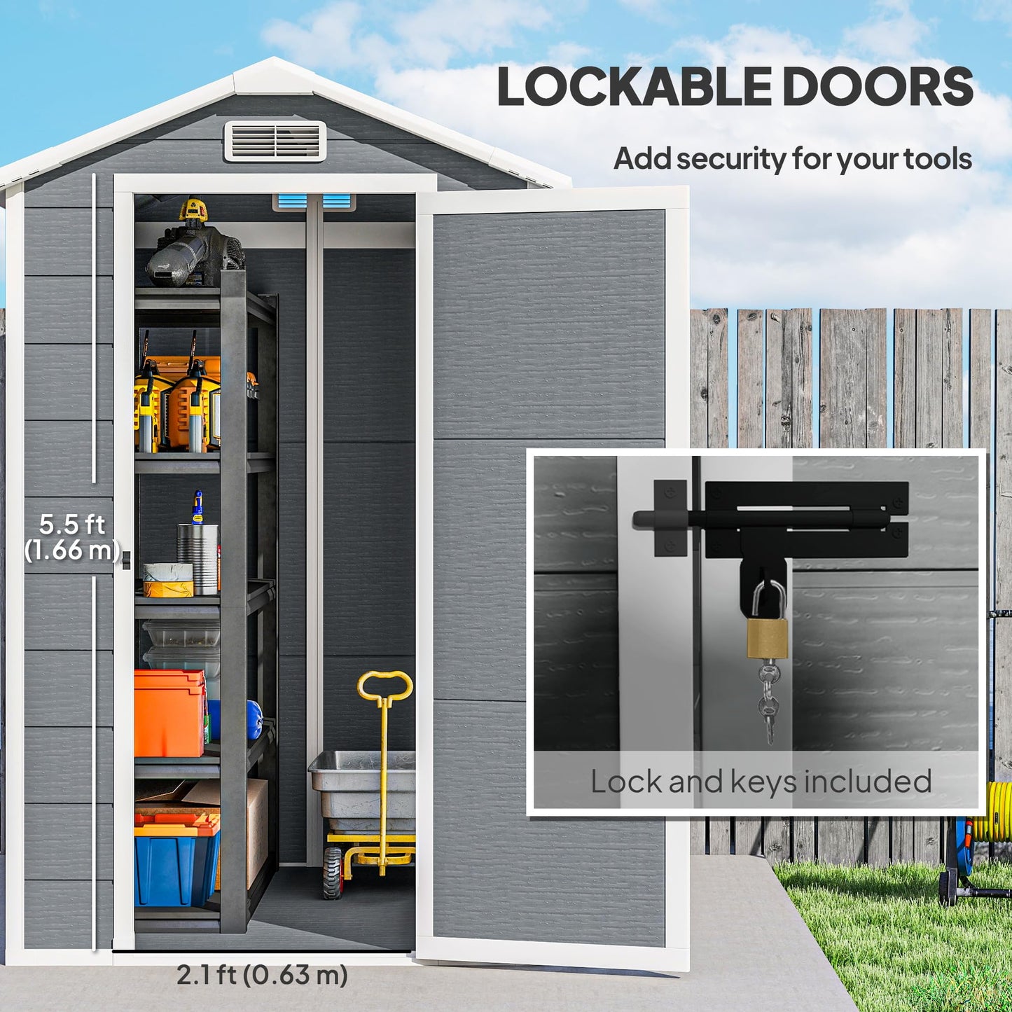 Outsunny 6' x 4' Outdoor Storage Shed, Waterproof Resin Plastic Shed with Floor, Window, Lockable Doors and Vents, All-Weather Garden Tool Shed for Backyard, Patio, Lawn, Gray