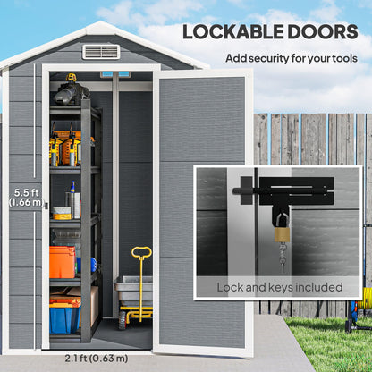 Outsunny 6' x 4' Outdoor Storage Shed, Waterproof Resin Plastic Shed with Floor, Window, Lockable Doors and Vents, All-Weather Garden Tool Shed for Backyard, Patio, Lawn, Gray