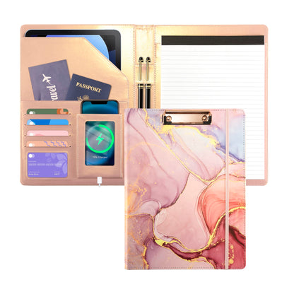 Leather Portfolio Binder Folder Storage Clipboard Pink Padfolio for School Side Straps Document Organizer