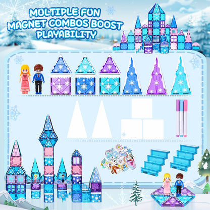 Diamond Magnetic Tiles Set 145PCS with Magnetic Doodle Kit, 3D Blocks Magnet Toys for Girls 3 4-7,8-12, Stem Toys Princess Castle Include 2 Stairs 2 Dolls Decals Stickers,3 4 5 6 7 8+ Girls Xmas Gift