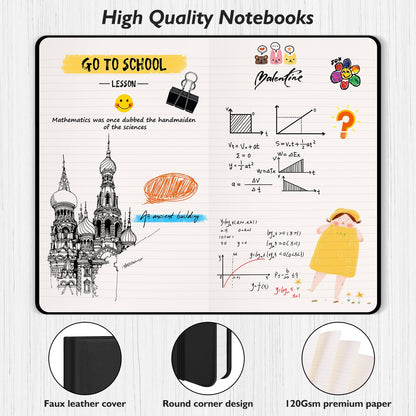 Huhuhero Lined Journal Notebook, 5 Pack Black Hardcover Notebooks for Work Women Men, 120Gsm Thick Paper Leather Journals for Writing Note Taking Business, Journaling School Supplies 5"×8.25"