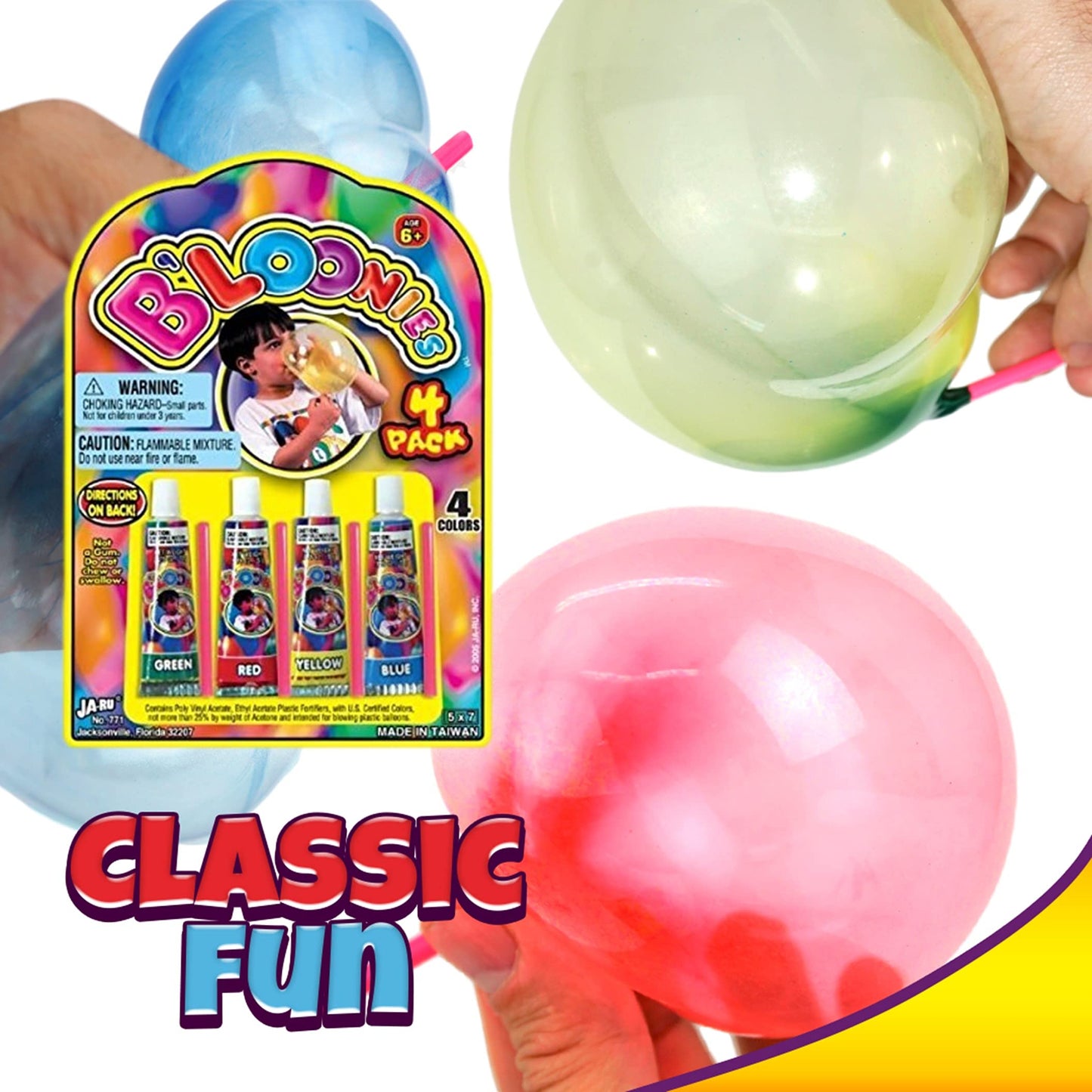 JA-RU B'loonies Plastic Balloons Variety 4 (96 Tubes in 24 Packs) Original Bloonies Bubble Making Toy Classic Retro Toys for Kids & Adults Fidget Toy Party Favor for Kids Birthday. 771-24s