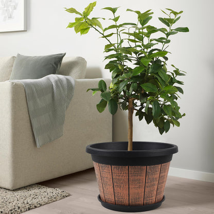 Quarut Large 4 Pack 16 inch Plant Pots,Whiskey Barrel Planters with Drainage Holes & Saucer,Plastic Decoration Flower Pots Retro Design,Planters for Outdoor Indoor Garden Balcony Plants (Brown)