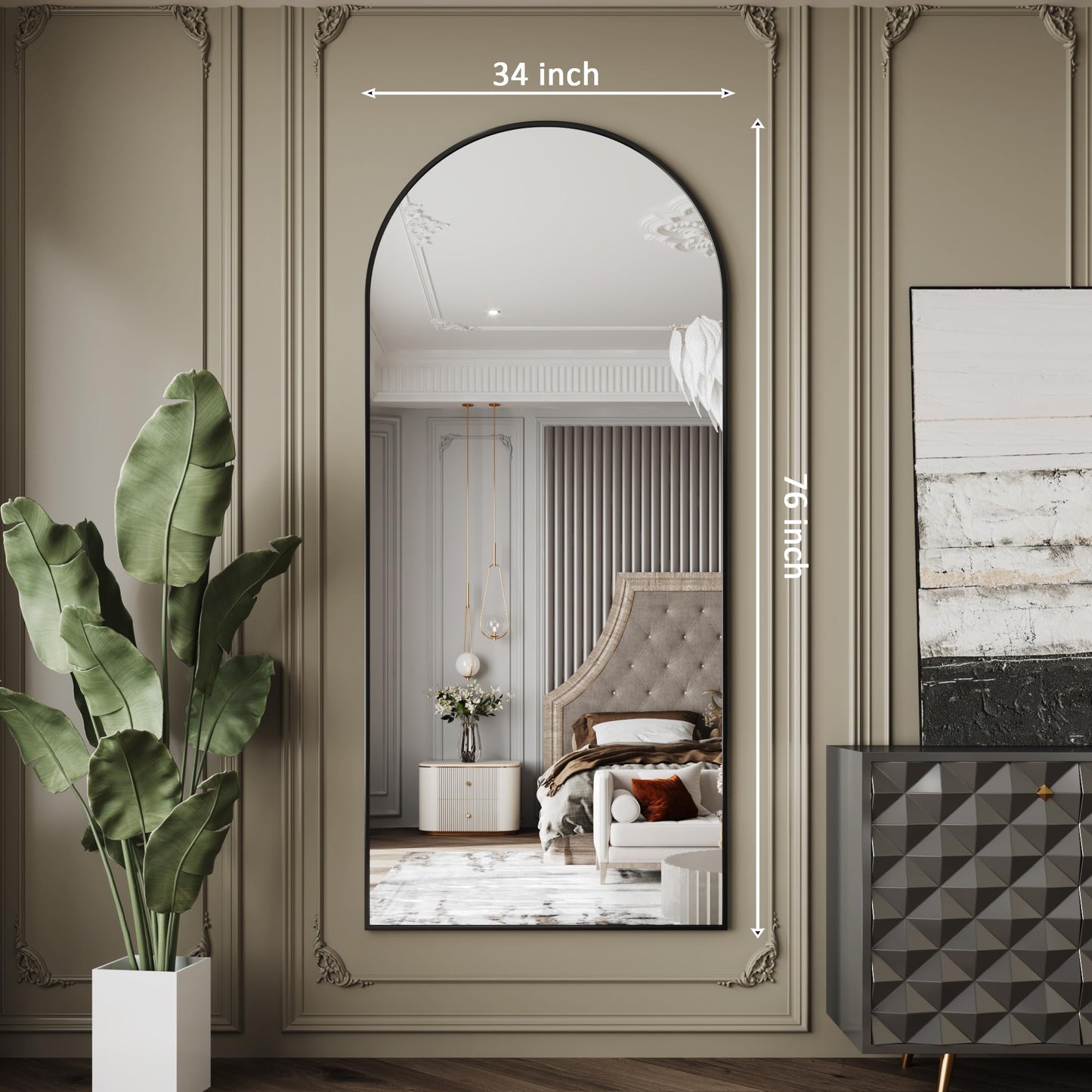 AUYHM 34"x76" Large Mirror Full Length,Nano Glass Oversized Floor Mirror, Arched Full Length Mirrors,Large Standing Mirror,Black Arched Mirrors