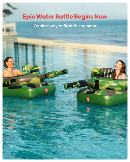QPAU Inflatable Tank Pool Float for Adults & Kids – Ride-On Camouflage Floaty with Water Cannon, Swim Raft Toy for Boys Girls Ages 6+, Lake Beach Backyard Party Floaties, Green