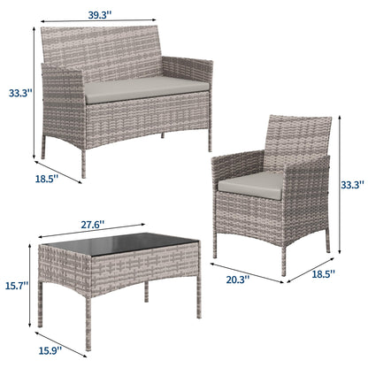 GAOMON 4-Piece Outdoor Conversation Set, PE Rattan Wicker Patio Furniture Set with Cushions, Loveseat and 2 Armchairs, Tempered Glass Coffee Table,Gray Gradient