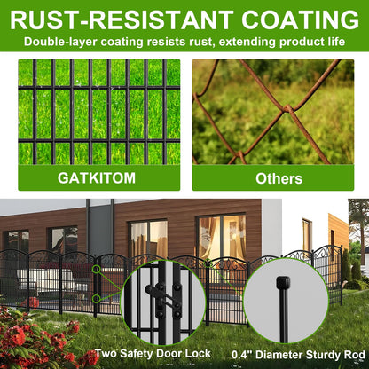 10 Panels No Dig Decorative Garden Fence with Gate, GATKITOM 31.3in(H) x 21.7ft(L) Rustproof Animal Barrier Metal Dog Fence Outdoor for Yard, Patio, Temporary Garden Fencing with Ground Stakes