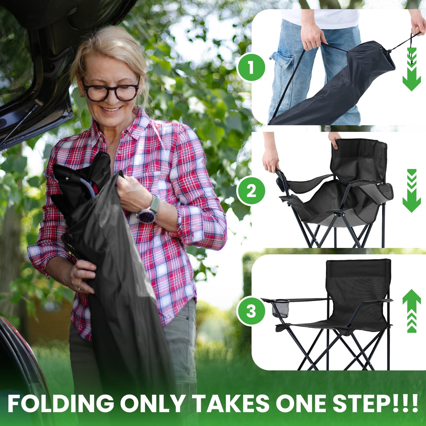 Canpsky 2 Pack Lightweight Folding Camping Chairs, Outdoor Lawn Beach Chair with Cup Holder & Carry Bag for Travel, Fishing, Picnic, Backyard, Hiking (Black, Medium)
