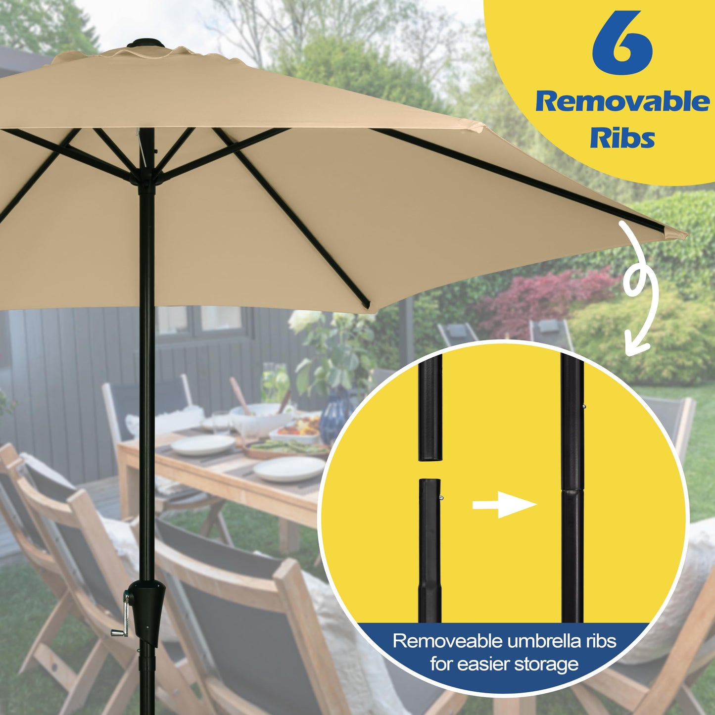 Sunnyglade 9FT Outdoor Patio Umbrella, Market & Table Umbrella with 6 Sturdy Ribs and Crank System, Fade-resistant & Waterproof for Garden Backyard Poolside Deck (Tan, 9FT)