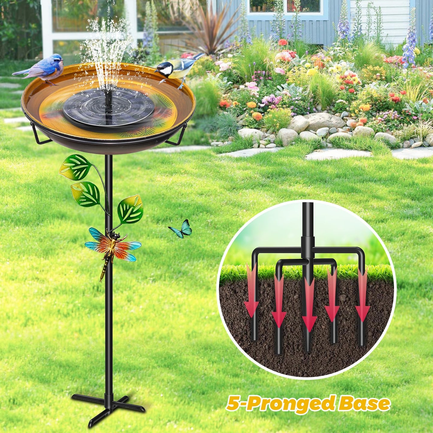 35.4In Metal Bird Bath for Outside, Freestanding Garden Birdbaths & Birdfeeder with Upgraded 5 Prongs Base, Bird Baths Feeder Water Bowl for Outdoors Patio Yard Lawn Art Decor (Yellow+Red)
