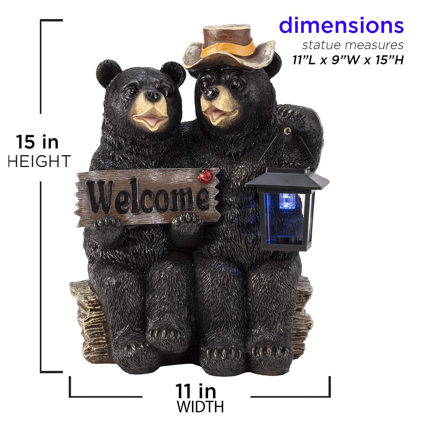 Alpine Corporation 15" H Outdoor Bear Couple with Lantern and Welcome Sign Statue with Solar LED Lights, Black
