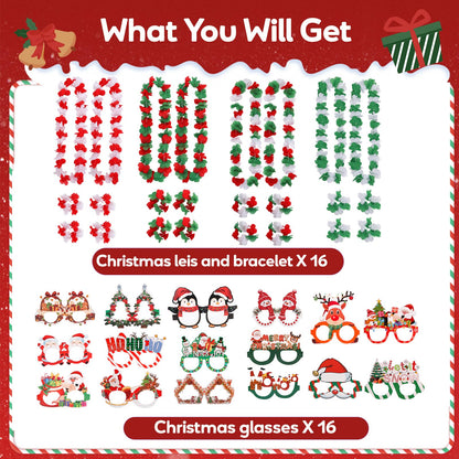 Atonofun 64 PCS Leis for Christmas Party Decorations- Leis Bulk, Red and Green Flower Lei for Adults Birthday Christmas Party Favors Supplies