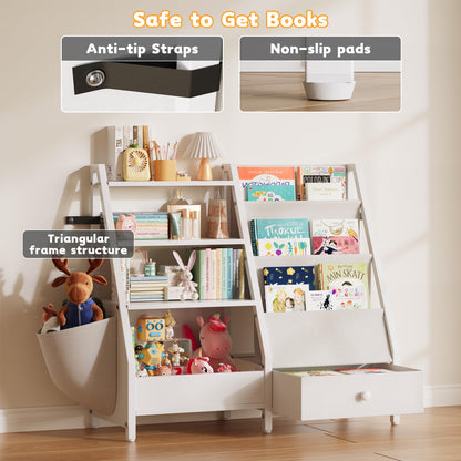 Kids Bookshelf and Toy Storage Organizer, Kids Bookcase Montessori 3 Tier Baby Toddler Sling Book Shelf with Drawer Pockets for Kids Room, Nursery, Playroom, Bedroom, White