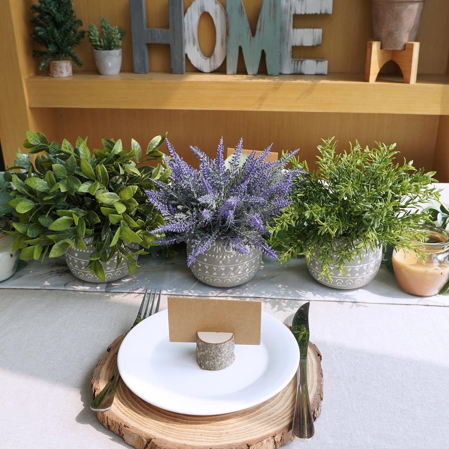 Winlyn Faux Potted Plants Set of 3 – Artificial Lavender Flower, Rosemary, Boxwood in Gray Geometric Concrete Pots for Wedding Home Living Room Table Centerpiece Windowsill Shelf French Boho Décor