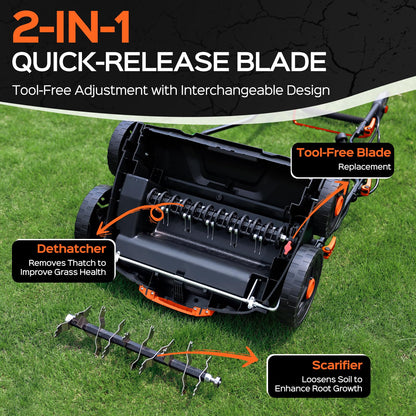 TIECTOWN 2026 Upgrade 16-Inch 15.5 Amp 2-in-1 Electric Dethatcher and Scarifier with 14.5-Gallon Collection Bag, Lawn Dethatcher with 5-Position Depth Adjustment, Keeps Lawn Healthy - Orange